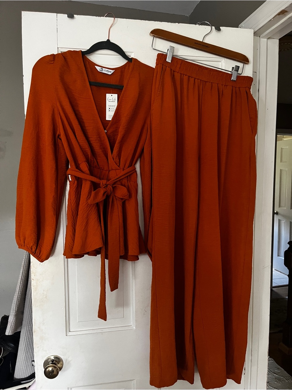 Tie-Waist Wrap Top & Wide-Leg Pants Set — Rust Orange